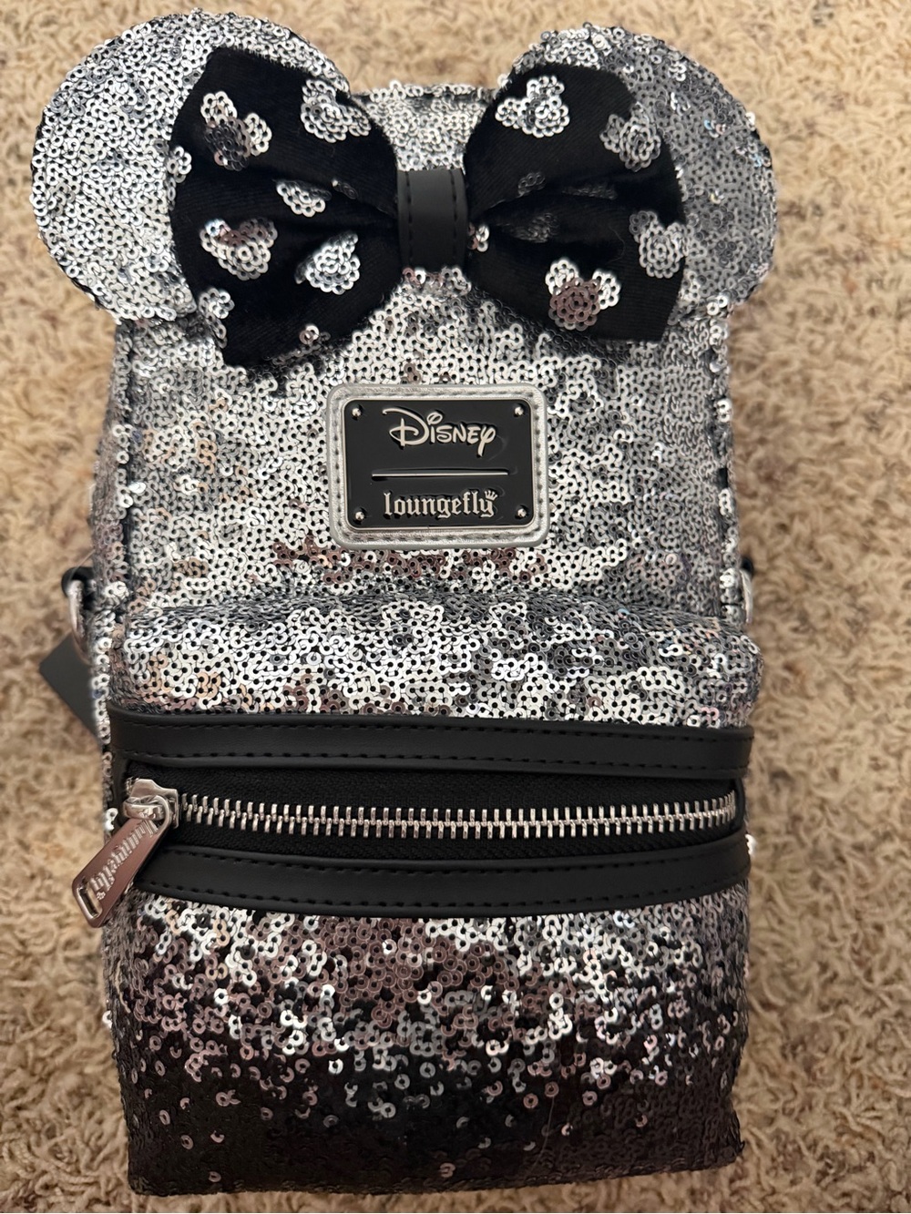 Loungefly Silver Sequin Minnie Ear Kids Backpack with Black Bow